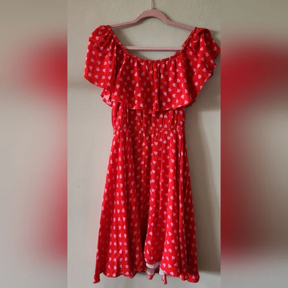 Vivi Red With Pink‎ Hearts Dress Size Medium Off The Shoulder And Waist Tie - Picture 8 of 8